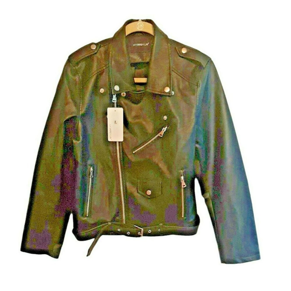 L Women's Faux Leather Motorcycle Biker Jacket Short Biker Coat Ly Varey Lin